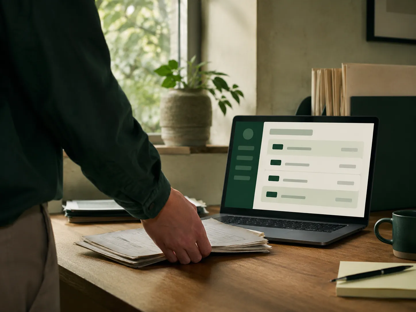 A hand setting down a stack of worn paper forms next to an open laptop showing a simple digital approval queue