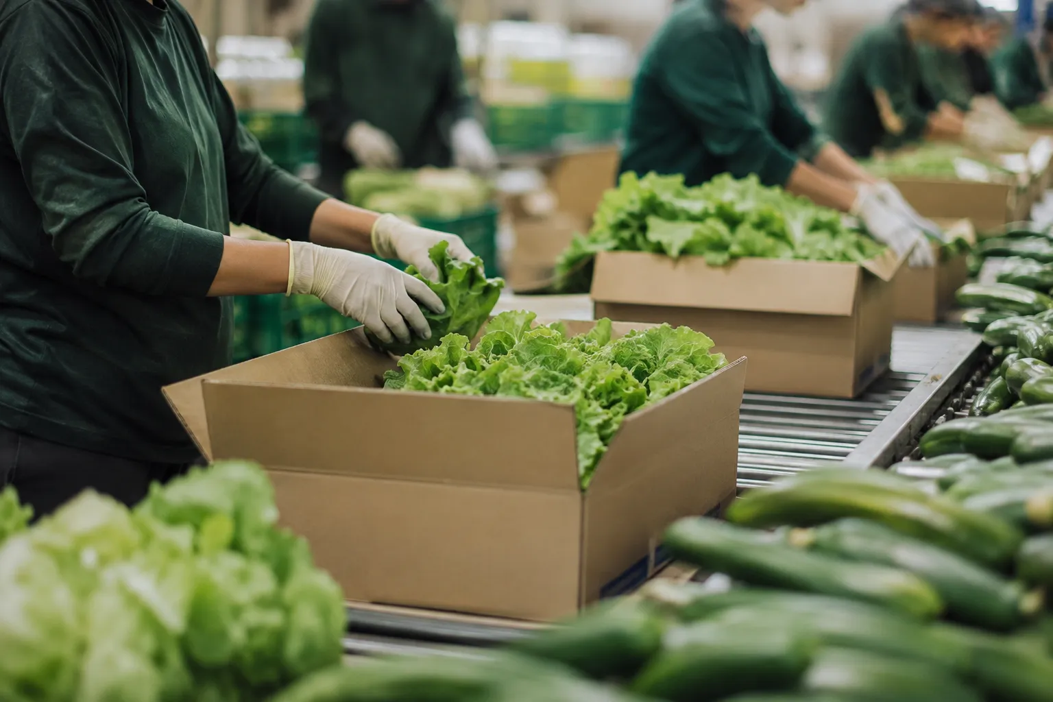 Workers packing fresh produce into boxes along a packing line